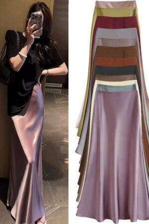French Temperament Acetic Acid Satin Drape Skirt Women's Spring and Summer Solid Color High Waist Hip-wrapped Fishtail Skirt A-word Long Skirt