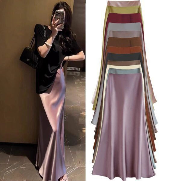 French Temperament Acetic Acid Satin Drape Skirt Women's Spring and Summer Solid Color High Waist Hip-wrapped Fishtail Skirt A-word Long Skirt
