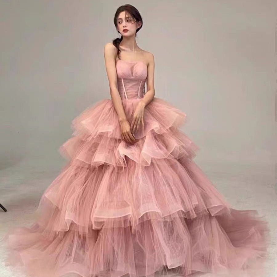 Pink Evening Dress Women's High-end Tube Top Light Wedding Dress French Banquet Light Dress Adult Dress Trailing Princess Dress 1 Pink Evening Dress Women's High-end Tube Top Light Wedding Dress French Banquet Light Dress Adult Dress Trailing Princess Dress