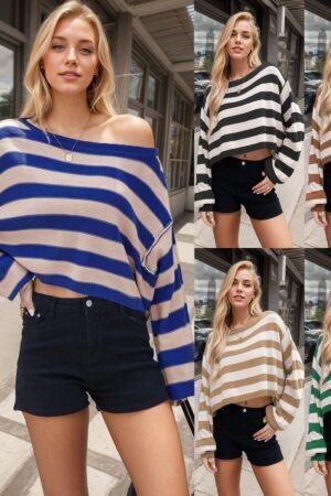 Women's Pullover Sweater Striped Loose Short Knitted Sweater New