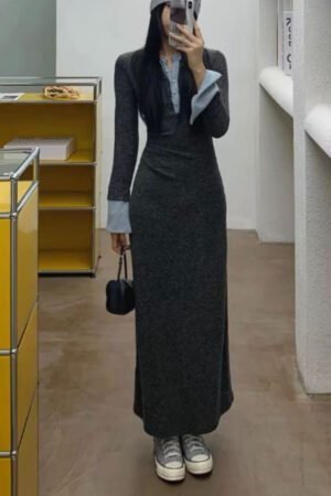 Wear A Contrasting Color Splicing Long-sleeved Dress Women's Clothing Waist Slim-fitting Knitted Hip Skirt