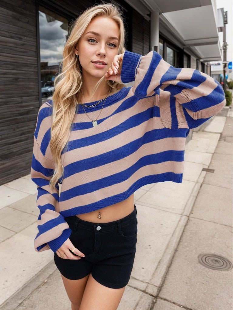 Women's Pullover Sweater Striped Loose Short Knitted Sweater New 6 Women's Pullover Sweater Striped Loose Short Knitted Sweater New - Image 6