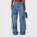 Women's Patch Pocket Jeans High Waist and Butterfly Tie Design Street Casual Style Solid Color Wide Leg Pants