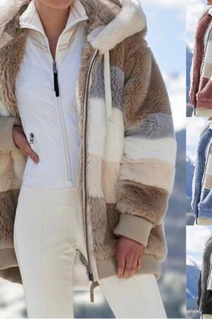 Autumn and Winter Warm Plush Patchwork Zipper Pocket Hooded Loose Coat Women