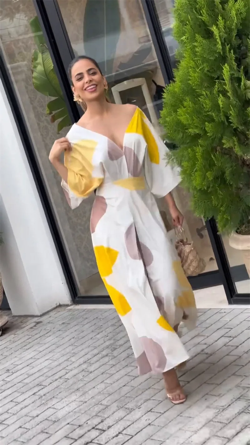 Women's Clothing Spring and Summer New Fashion Temperament V-neck High-waisted Printed Women's Long Dress 12 S0115955863914283bbb699d801d9dc2ca