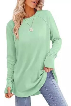 Women's Round Neck Solid Color Finger Long-sleeved Top Loose Medium and Long Bottoming Shirt