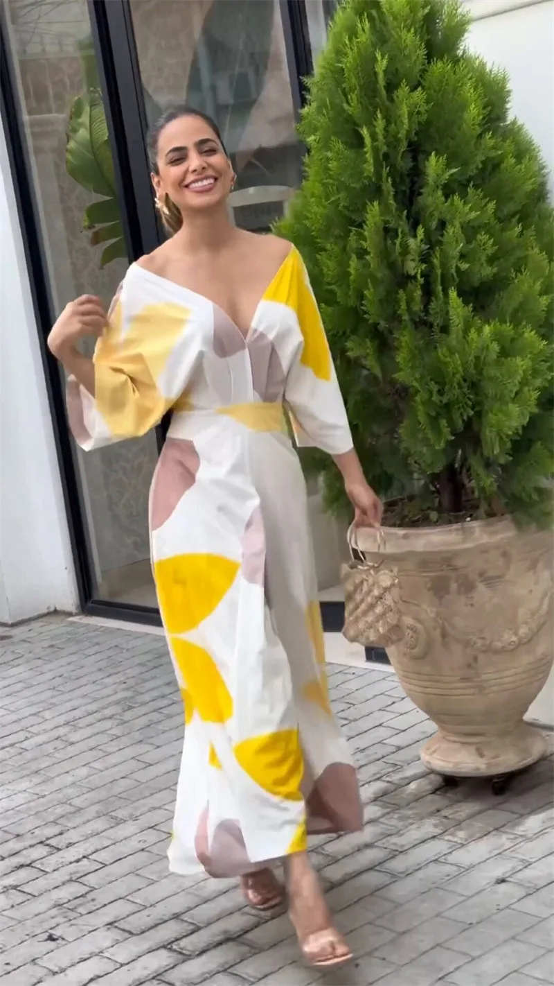 Women's Clothing Spring and Summer New Fashion Temperament V-neck High-waisted Printed Women's Long Dress 13 S13429826c1c14fbd88c4e1466c75fdc4V