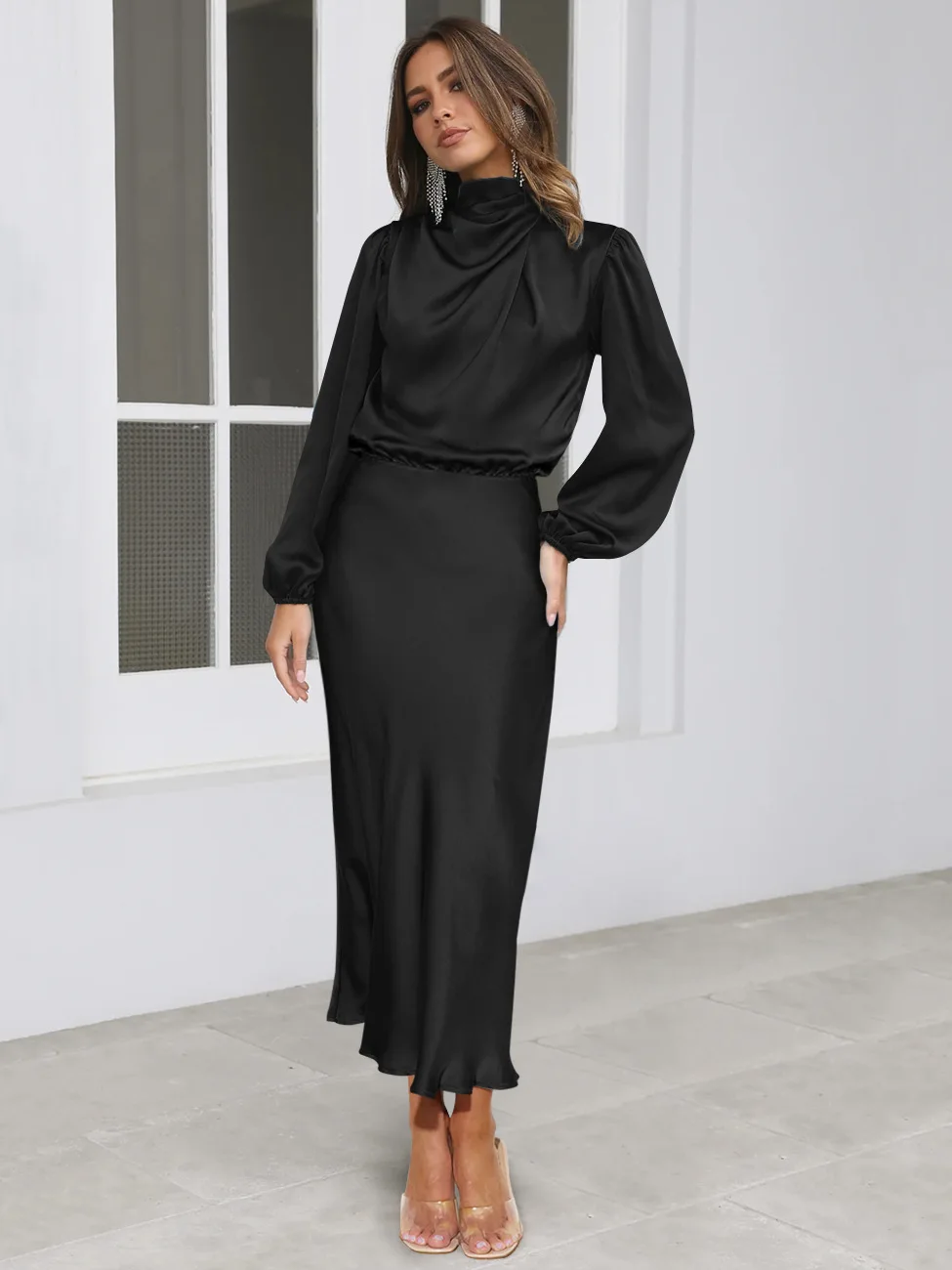 Autumn New High-end Satin Long-sleeved Loose Dress Temperament Elegant Women's Evening Dress 44 S156c1fb5605944d982c386a6febc202cp