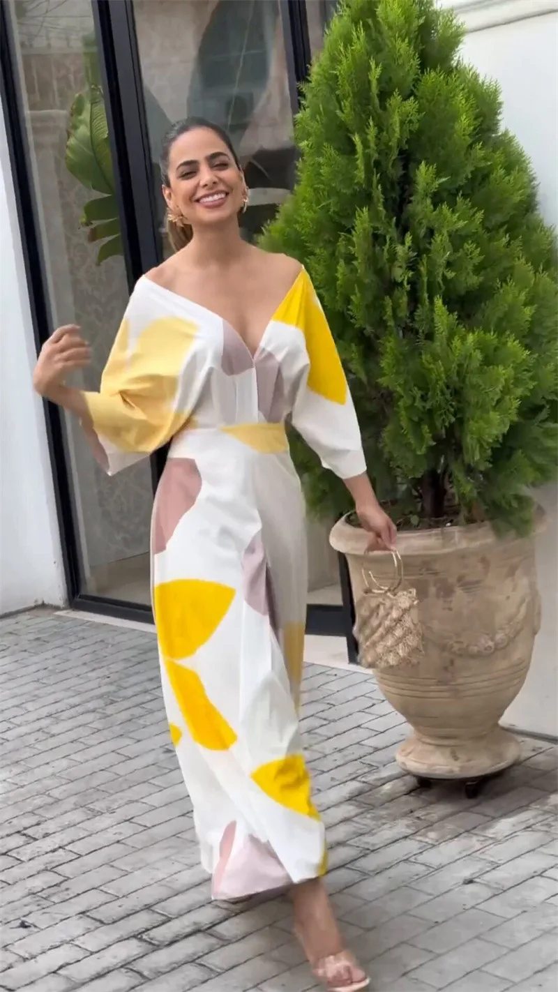 Women's Clothing Spring and Summer New Fashion Temperament V-neck High-waisted Printed Women's Long Dress 14 S1bd85dab34eb4055b6b2975a4c6de9dfV