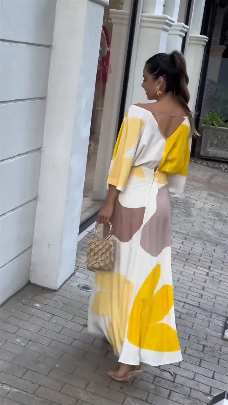 Women's Clothing Spring and Summer New Fashion Temperament V-neck High-waisted Printed Women's Long Dress 16 S1c5d57aac6ed492f9baaa95d99ad55efv