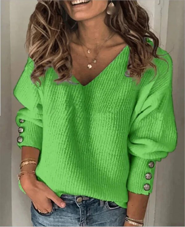 Autumn and winter new fashion women's clothing Amazon popular solid color versatile knitted V-neck loose long-sleeved T-shirt - Image 6