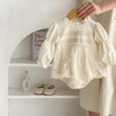 2024 Autumn Infant Baby Girl Waffle Lace Small Skirt Long Sleeve Romper Hat Skirt Fart onesie