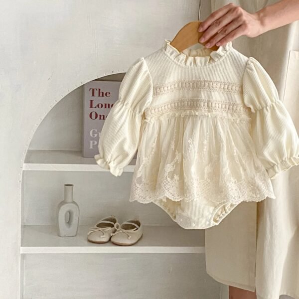 2024 Autumn Infant Baby Girl Waffle Lace Small Skirt Long Sleeve Romper Hat Skirt Fart onesie