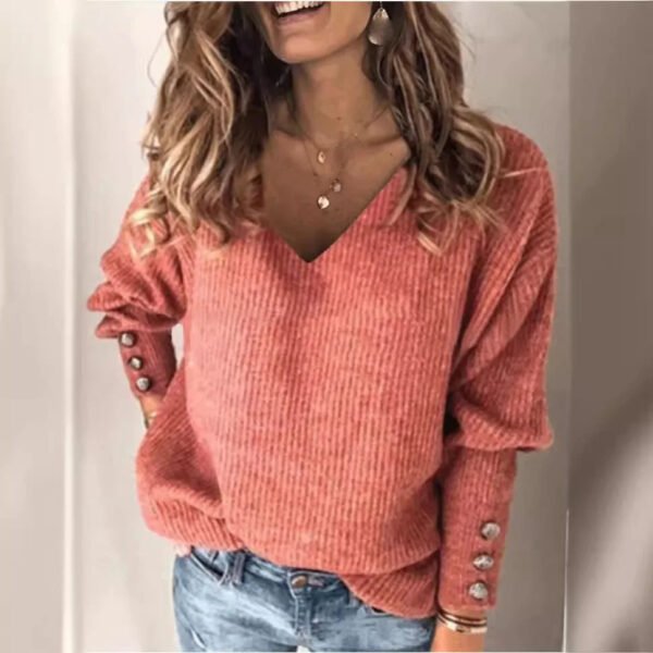 Autumn and winter new fashion women's clothing Amazon popular solid color versatile knitted V-neck loose long-sleeved T-shirt - Image 3