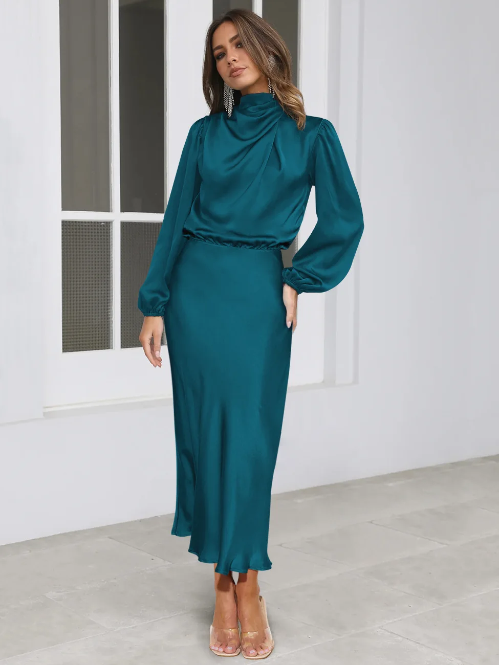 Autumn New High-end Satin Long-sleeved Loose Dress Temperament Elegant Women's Evening Dress 55 S476be077a8ac4e02a28a317d7350eee2j