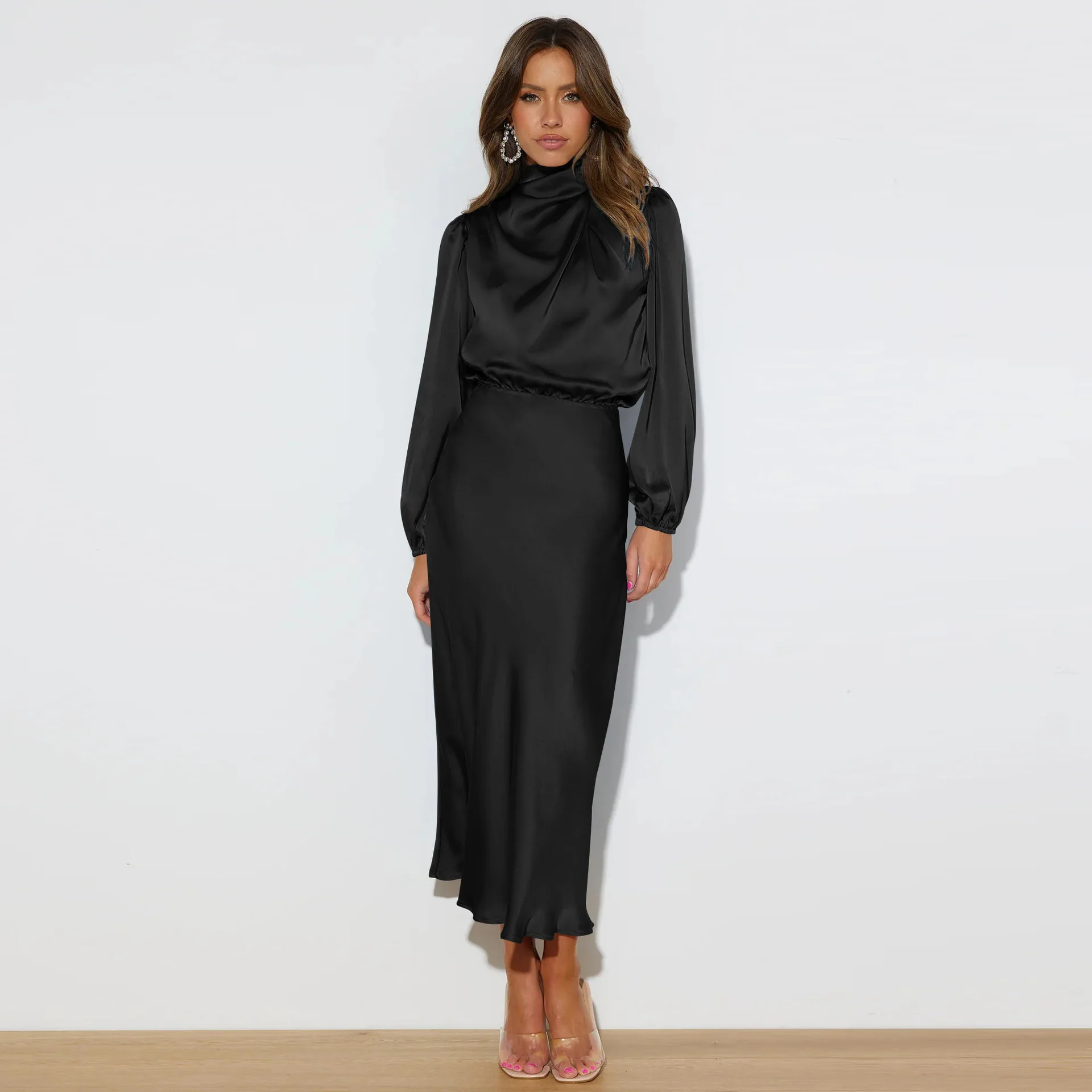 Autumn New High-end Satin Long-sleeved Loose Dress Temperament Elegant Women's Evening Dress 36 S53249b8f24f34b599fb29b9e273cb6d20