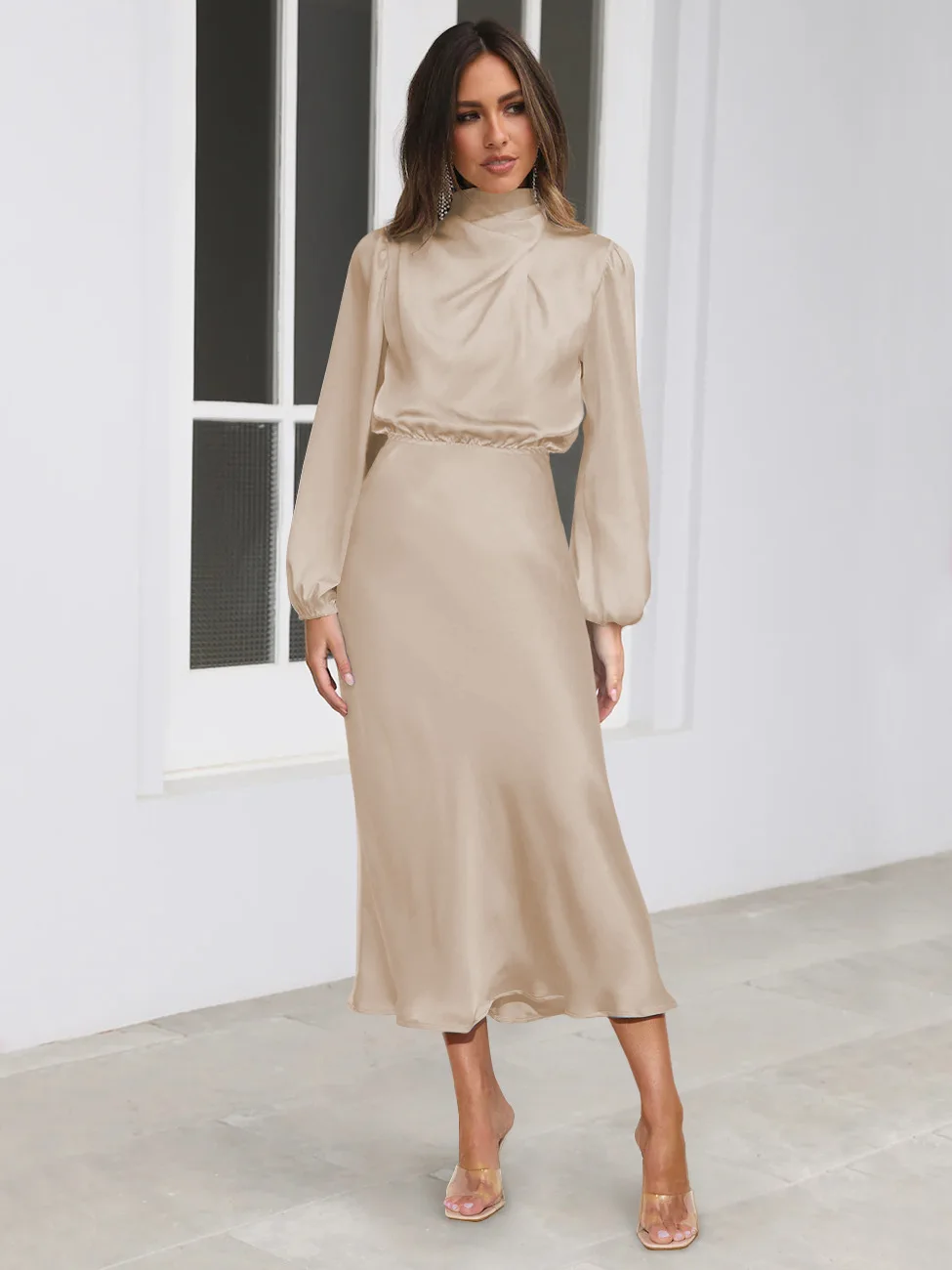 Autumn New High-end Satin Long-sleeved Loose Dress Temperament Elegant Women's Evening Dress 21 S66aa87a0d1244bf1b7b29ba8921ea574j