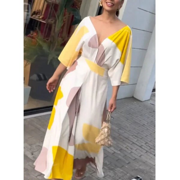 Women's Clothing Spring and Summer New Fashion Temperament V-neck High-waisted Printed Women's Long Dress