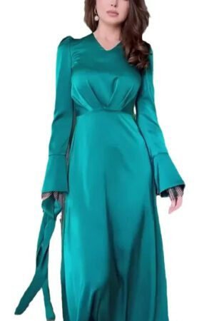 New V-neck Solid Color Split-ended Long-sleeved Slim-fitting Belt Dress