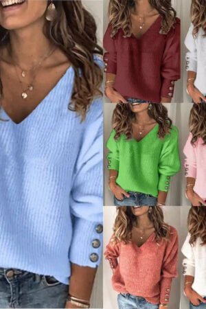 Autumn and winter new fashion women's clothing Amazon popular solid color versatile knitted V-neck loose long-sleeved T-shirt