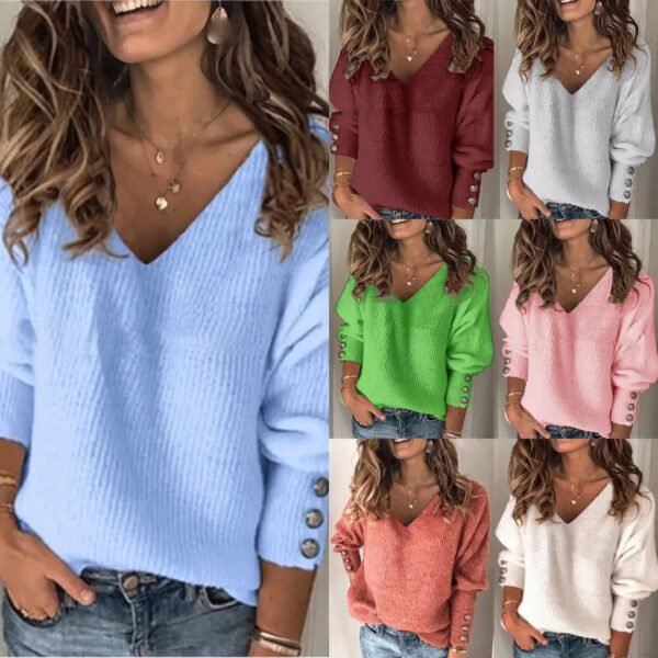 Autumn and winter new fashion women's clothing Amazon popular solid color versatile knitted V-neck loose long-sleeved T-shirt