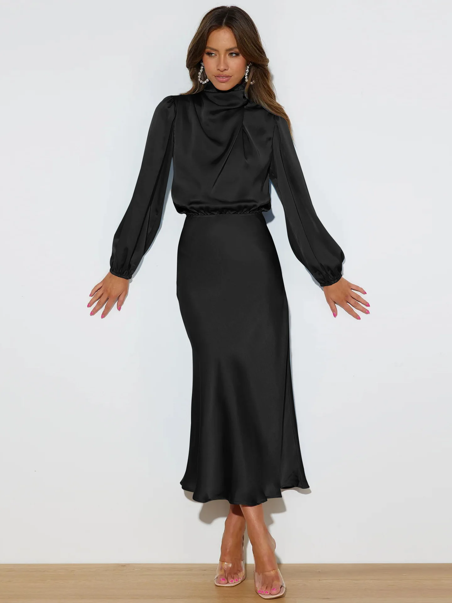 Autumn New High-end Satin Long-sleeved Loose Dress Temperament Elegant Women's Evening Dress 37 S788e80b1caad407cb7d5772361e25e0dc
