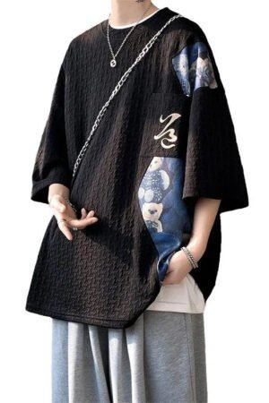 Men's T-shirt Short Sleeve Embroidery High-end Tooling Summer Newheavy Five-quarter Sleeve