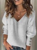 Autumn and winter new fashion women's clothing Amazon popular solid color versatile knitted V-neck loose long-sleeved T-shirt