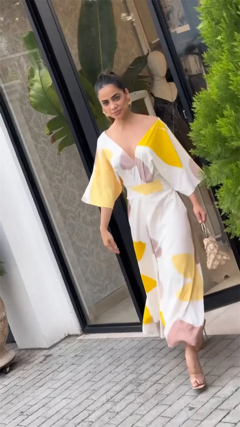 Women's Clothing Spring and Summer New Fashion Temperament V-neck High-waisted Printed Women's Long Dress 11 S95309d2a214741a6a550fdfafdb5b335f