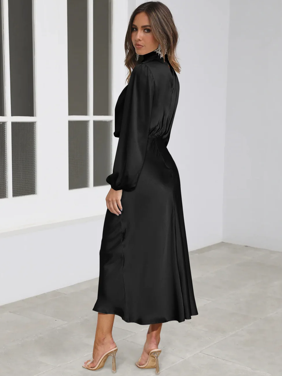 Autumn New High-end Satin Long-sleeved Loose Dress Temperament Elegant Women's Evening Dress 45 S9863a35cccbe4c15b3a23c32a35d5344D
