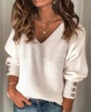 Autumn and winter new fashion women's clothing Amazon popular solid color versatile knitted V-neck loose long-sleeved T-shirt