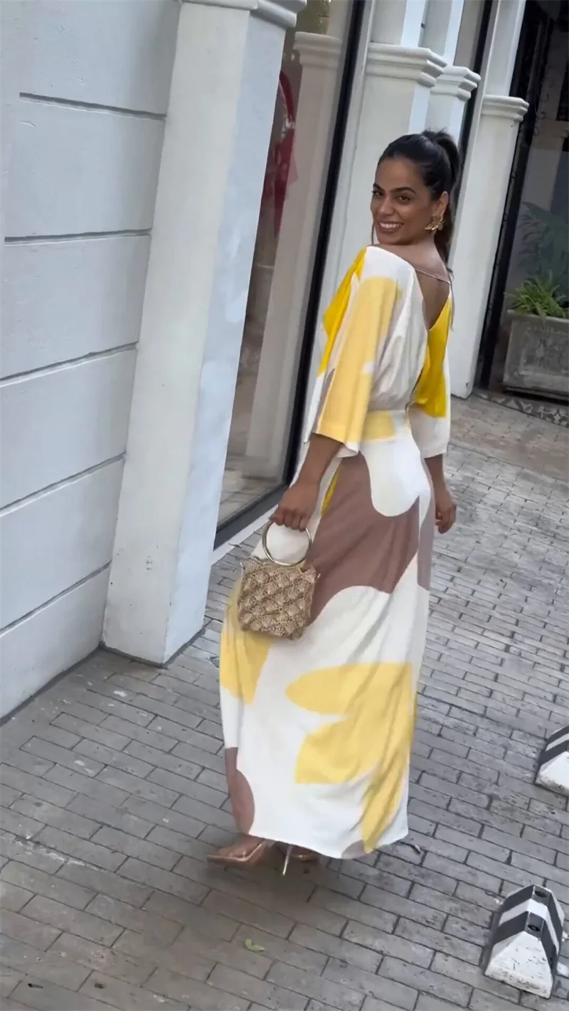 Women's Clothing Spring and Summer New Fashion Temperament V-neck High-waisted Printed Women's Long Dress 15 Sb2b966ec05e64a92871d3153bfed6532r