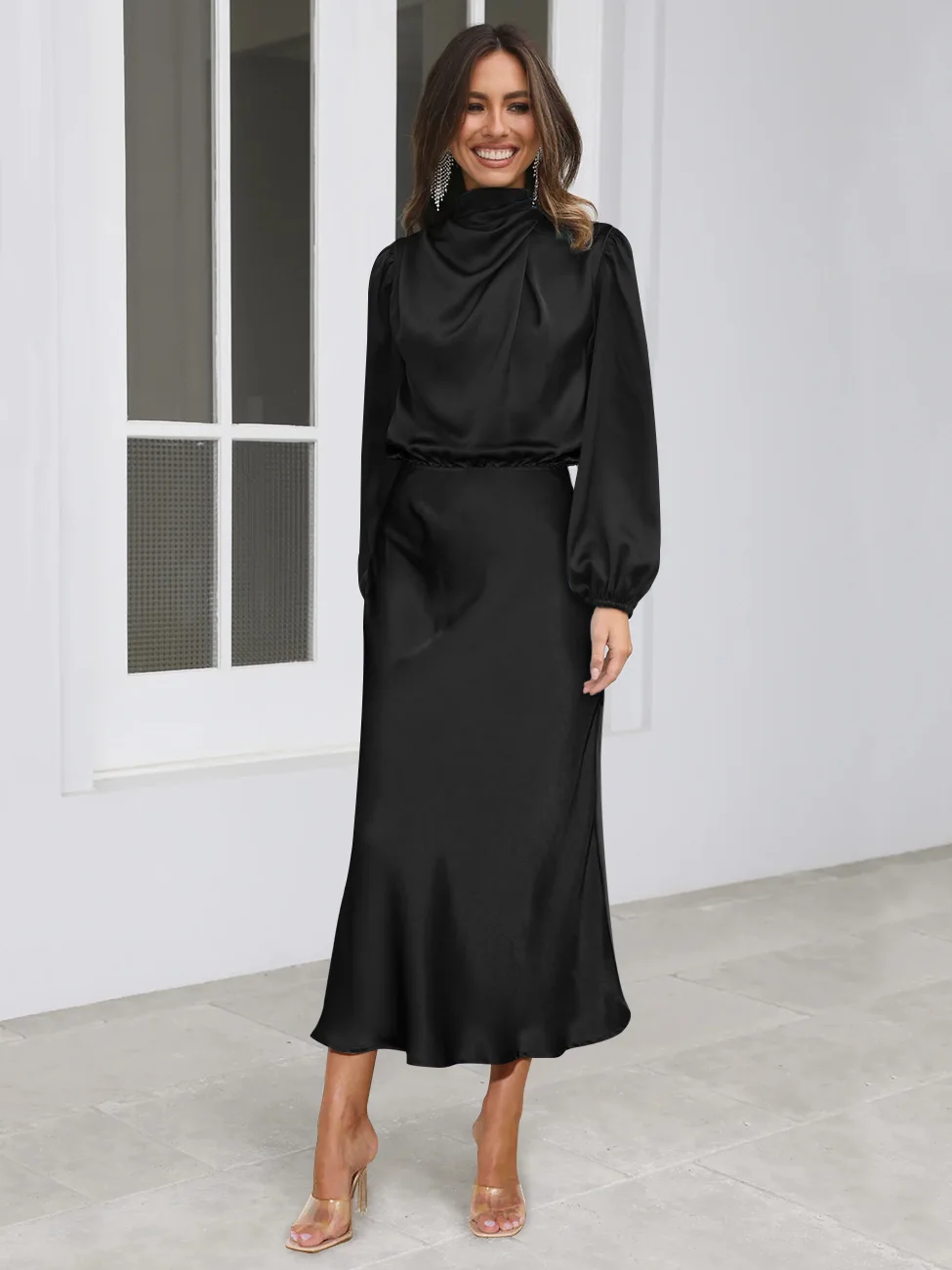 Autumn New High-end Satin Long-sleeved Loose Dress Temperament Elegant Women's Evening Dress 46 Sc47e494c4bd94651afd77ed54226c341t