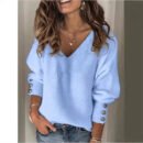 Autumn and winter new fashion women's clothing Amazon popular solid color versatile knitted V-neck loose long-sleeved T-shirt