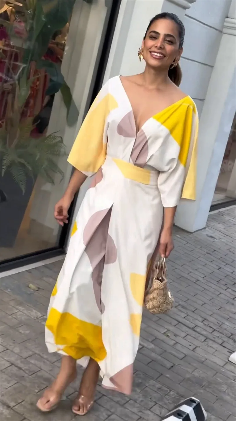 Women's Clothing Spring and Summer New Fashion Temperament V-neck High-waisted Printed Women's Long Dress 10 Sdb324aed9f5c40c7a3a6b0ce4a4c4ee7U