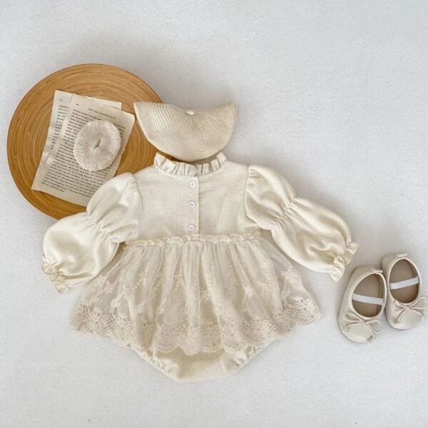 2024 Autumn Infant Baby Girl Waffle Lace Small Skirt Long Sleeve Romper Hat Skirt Fart onesie - Image 6