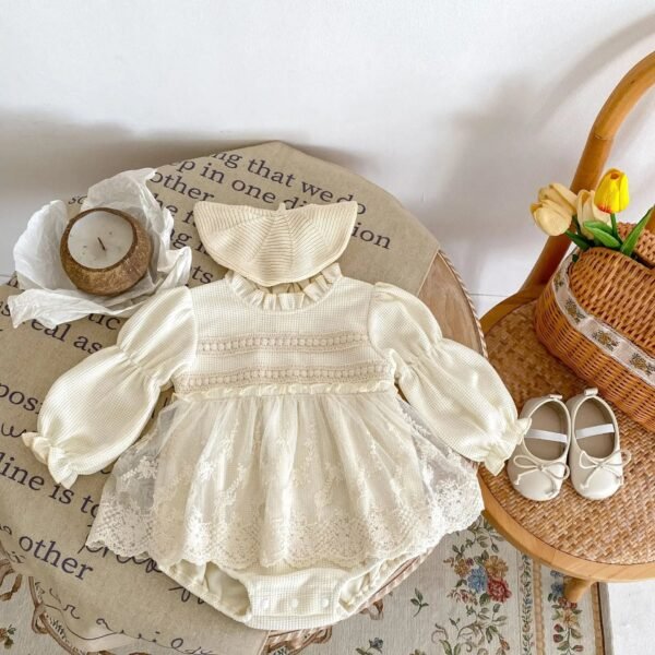 2024 Autumn Infant Baby Girl Waffle Lace Small Skirt Long Sleeve Romper Hat Skirt Fart onesie - Image 2