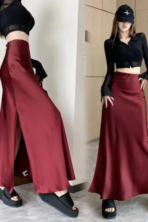Burgundy Satin Skirt Women's Autumn Dress High Waist Thin Medium and Long Skirt Ruffle Edge Split Hip A-shaped Skirt