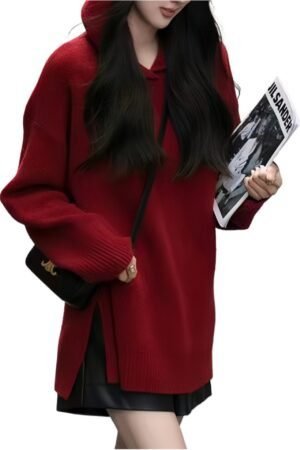 Hooded Hem Split Soft Waxy Knitted Sweater New Medium and Long Loose Pullover Red Sweater