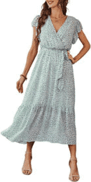 Stylish and Chic: Women's Floral Summer Dress with V-neck, Short Sleeves, Belt, and Pleated Hem - Perfect for Bohemian Fashion Lovers!