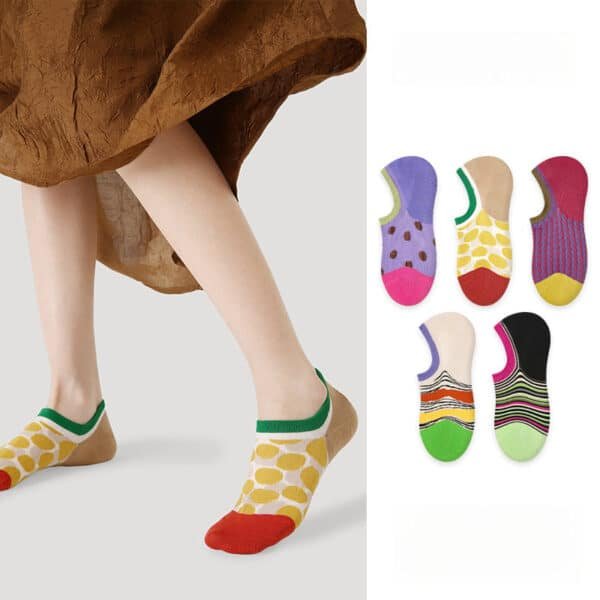 Women’s Vintage Polka Dot Boat Socks | Japanese Kawaii Contrast | Non-Slip Lightweight Summer Ankle Socks-5Prs