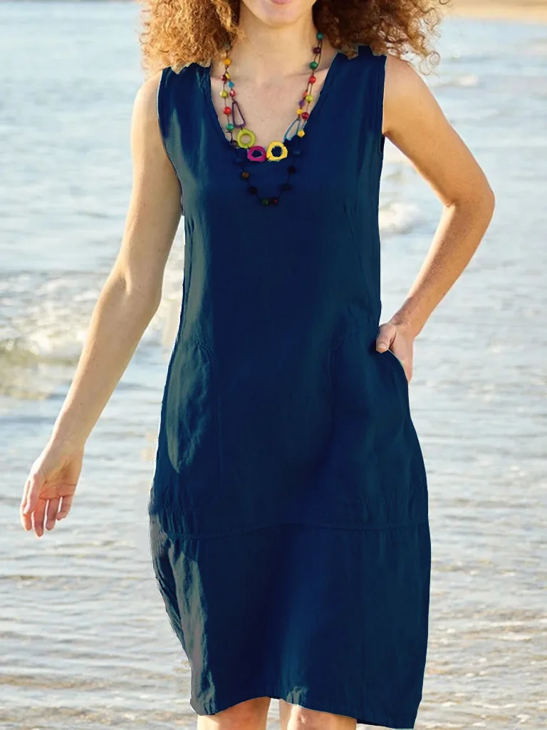 2024 Summer Fashion: Cotton and Linen U-Neck Women Dress in Solid Color - Perfect for Adventures! 13 kf S0f354e3a0c624bf992dcedc4df2e92d0q