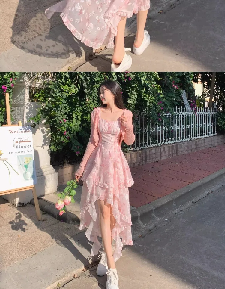 Large Size French Coffee Break Floral Suspender Dress Fat Mm Small Fresh Holiday Style Sweet Temperament Trailing Long Dress 12 kf S21991fb97fd84589827c8c9d64571b2fs