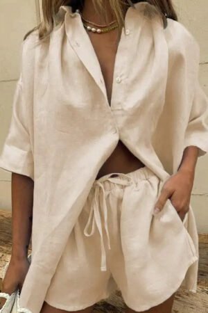 2024 Summer Women's Solid Color Shirt Short Sleeve Suit with Wide Leg Pants and Shorts