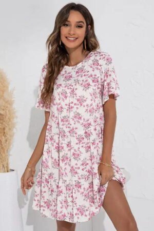 Stay Stylish this Summer with our Loose Fitting Floral Summer Dress for Women - Featuring Round Neck and Fragmented Leaf Sleeves!