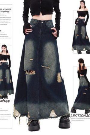 Original Design Heavy Industry Grinding and Washing Wasteland A-type Pendulum Raw Edge Ripped Denim Skirt