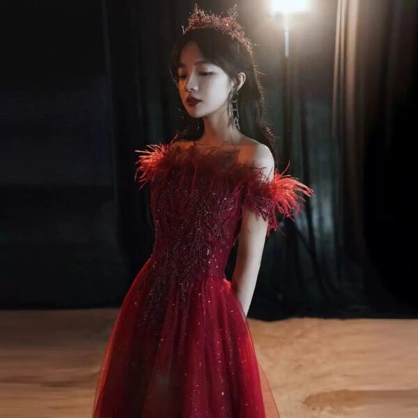 Summer Bridal Wedding Dress Red Shoulder Banquet Dress Long Feather Fairy Skinny - Image 2