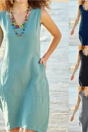2024 Summer Fashion: Cotton and Linen U-Neck Women Dress in Solid Color - Perfect for Adventures!