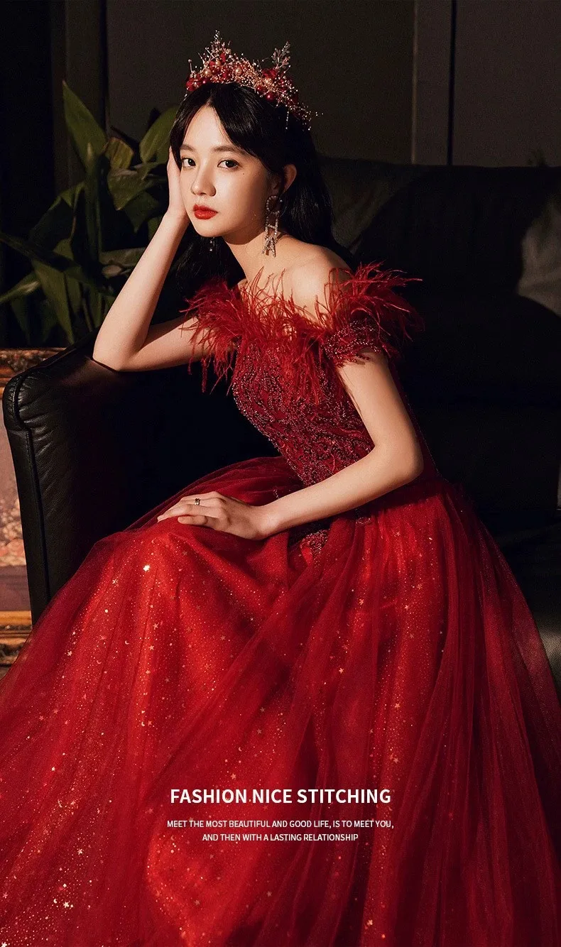 Summer Bridal Wedding Dress Red Shoulder Banquet Dress Long Feather Fairy Skinny 10 kf S3da8096af86c41f2a7d38a4712a5996aW