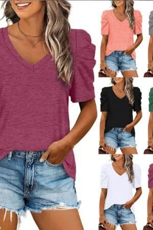 Stay Stylish this Summer with our Drawn Pleated V-neck T-shirt - Popular
